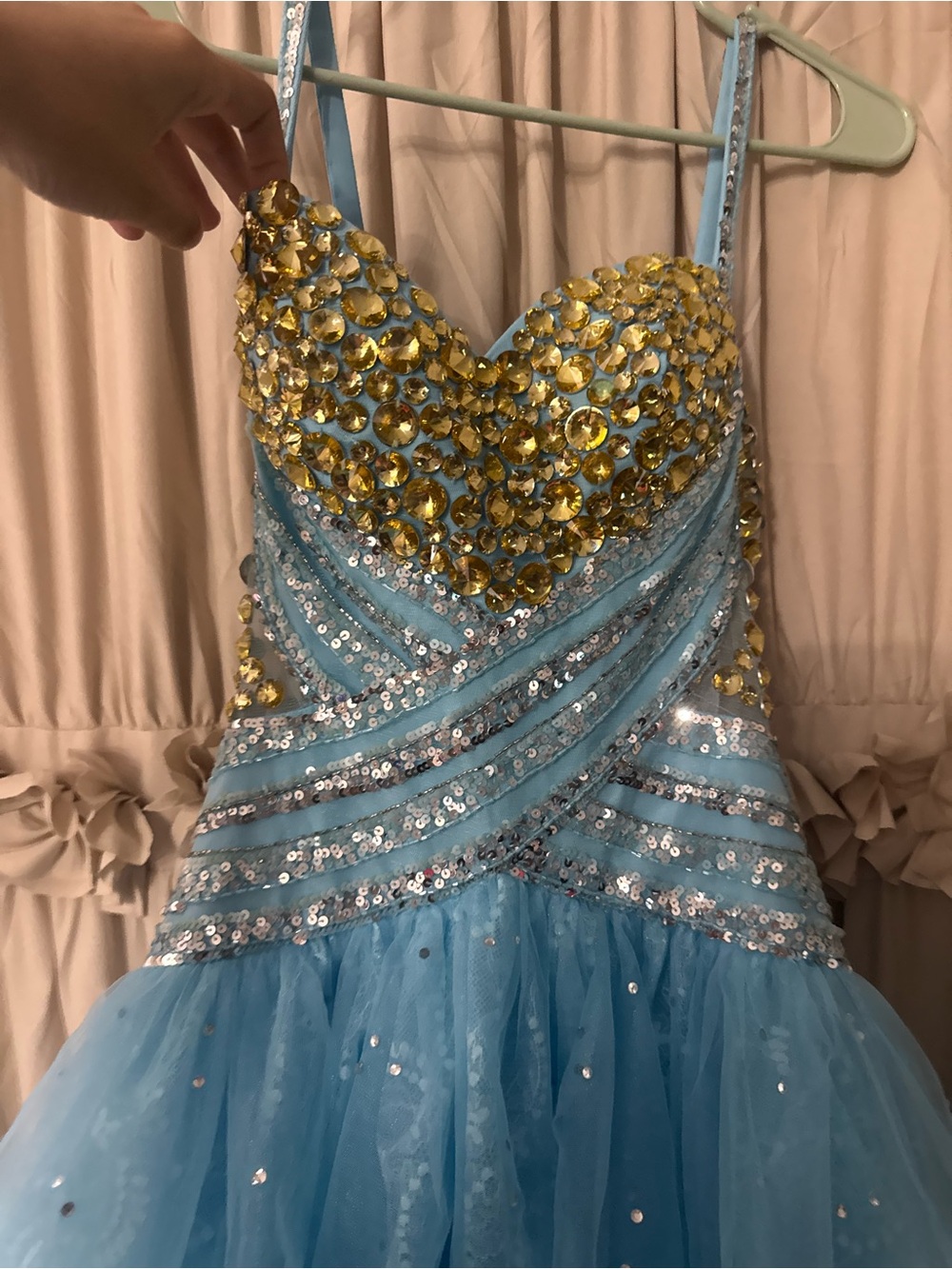Sherri Hill Light Blue and Gold Beaded High-Low Prom Dress - Picture 7 of 12
